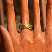 Vintage MMA 14K Gold Green Enamel Diamond Chip Band Ring, Layered Guilloche Enamel, Diamond Pave 'X', 8mm Gold Band, Size 9 US
