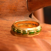 Vintage MMA 14K Gold Green Enamel Diamond Chip Band Ring, Layered Guilloche Enamel, Diamond Pave 'X', 8mm Gold Band, Size 9 US