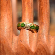 Vintage MMA 14K Gold Green Enamel Diamond Chip Band Ring, Layered Guilloche Enamel, Diamond Pave 'X', 8mm Gold Band, Size 9 US