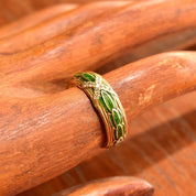 Vintage MMA 14K Gold Green Enamel Diamond Chip Band Ring, Layered Guilloche Enamel, Diamond Pave 'X', 8mm Gold Band, Size 9 US