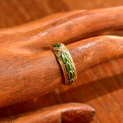 Vintage MMA 14K Gold Green Enamel Diamond Chip Band Ring, Layered Guilloche Enamel, Diamond Pave 'X', 8mm Gold Band, Size 9 US
