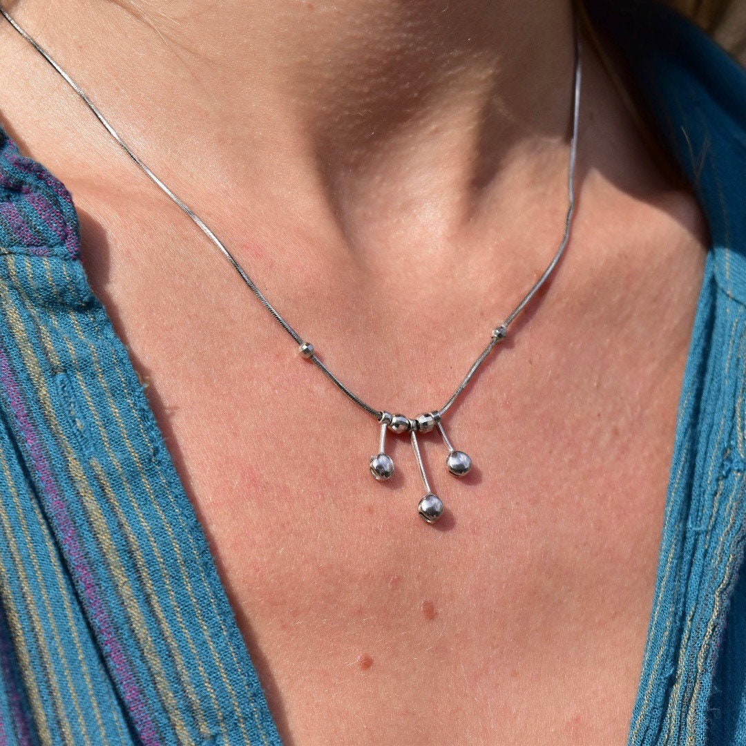 Vintage Modernist Italian 14K White Gold Tassel Necklace, Multi-Bead Tassel Pendant, 1mm Seamless Gold Snake Chain, 17" L