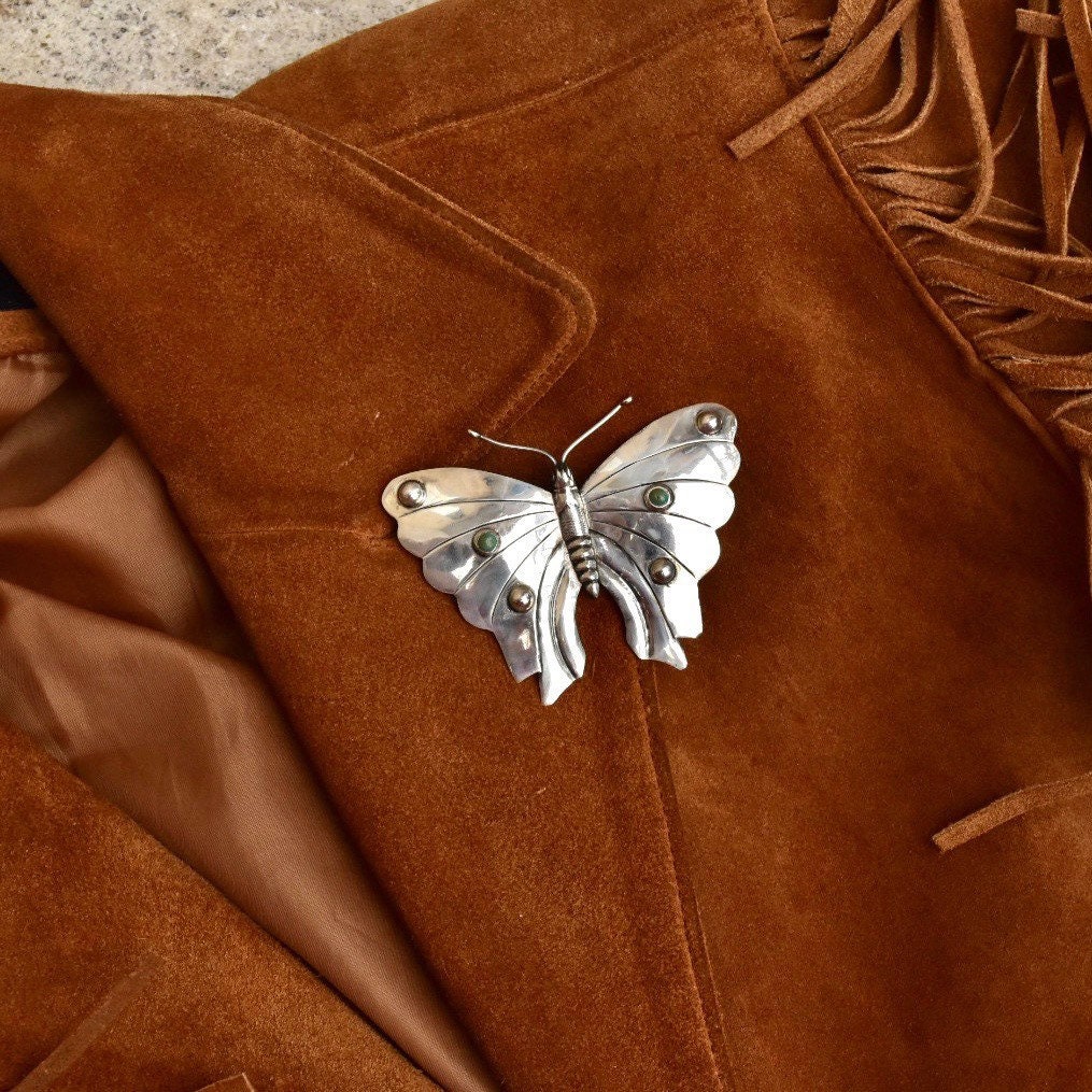 Vintage Silver Turquoise Accent Butterfly Brooch, Large Silver Butterfly/Moth Pin, 'Silver Made In Mexico', 3 1/4"