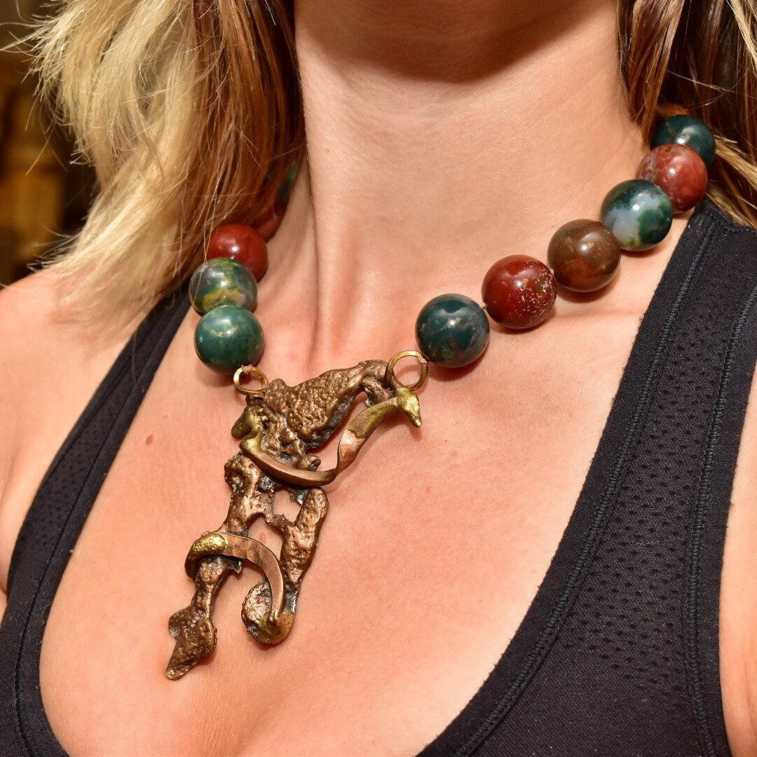 Vintage Brutalist Modernist Gemstone Bead Cast Metal Pendant Necklace, Large Organic Brass/Copper Pendant, Round Jasper Beads, 17 3/4"