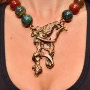 Vintage Brutalist Modernist Gemstone Bead Cast Metal Pendant Necklace, Large Organic Brass/Copper Pendant, Round Jasper Beads, 17 3/4"