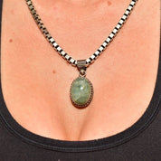 Vintage Bohemian Sterling Silver Quartz Pendant, Balinese Design, Green Crystal Cabochon, 42mm