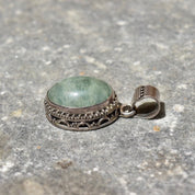 Vintage Bohemian Sterling Silver Quartz Pendant, Balinese Design, Green Crystal Cabochon, 42mm