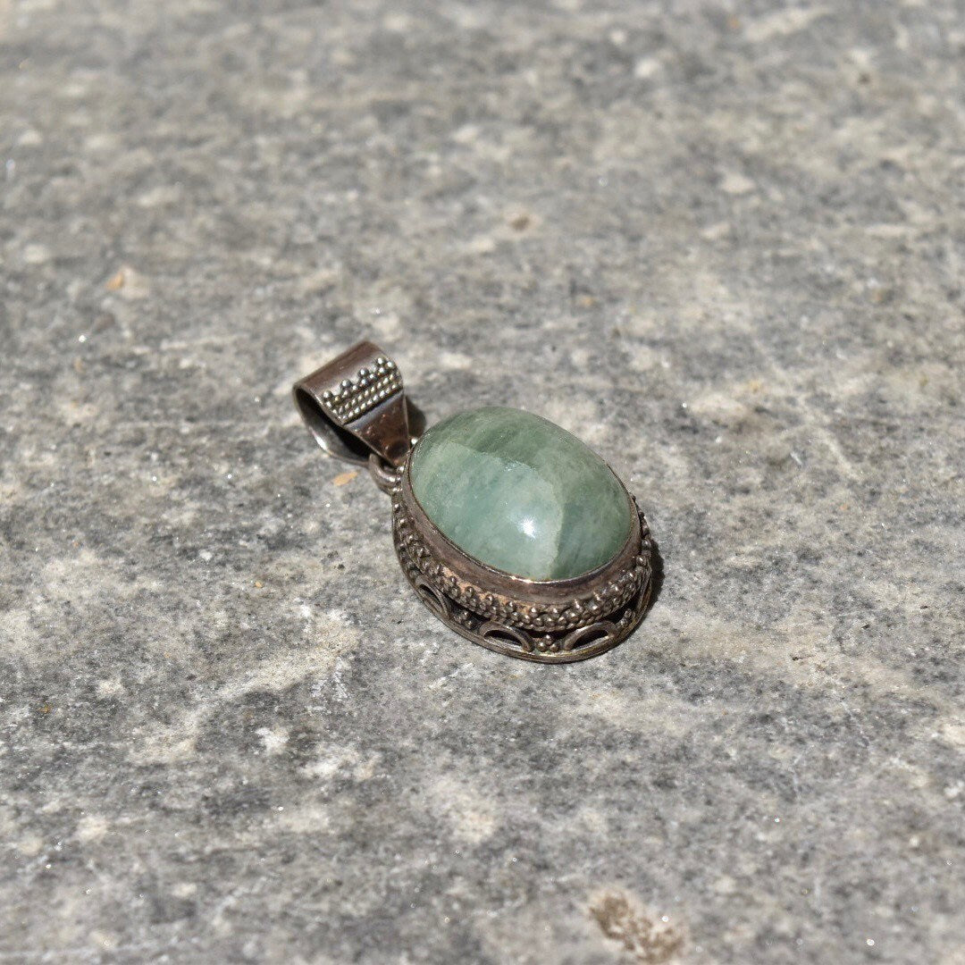 Vintage Bohemian Sterling Silver Quartz Pendant, Balinese Design, Green Crystal Cabochon, 42mm