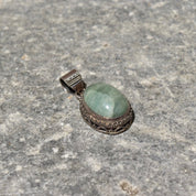 Vintage Bohemian Sterling Silver Quartz Pendant, Balinese Design, Green Crystal Cabochon, 42mm