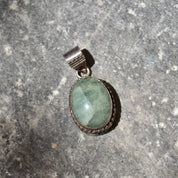 Vintage Bohemian Sterling Silver Quartz Pendant, Balinese Design, Green Crystal Cabochon, 42mm