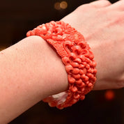 Vintage Floral Carved Celluloid Coral Bangle Bracelet, Wide Orange Bangle, Intricate Floral Designs, Stacking Bracelets, 8 L