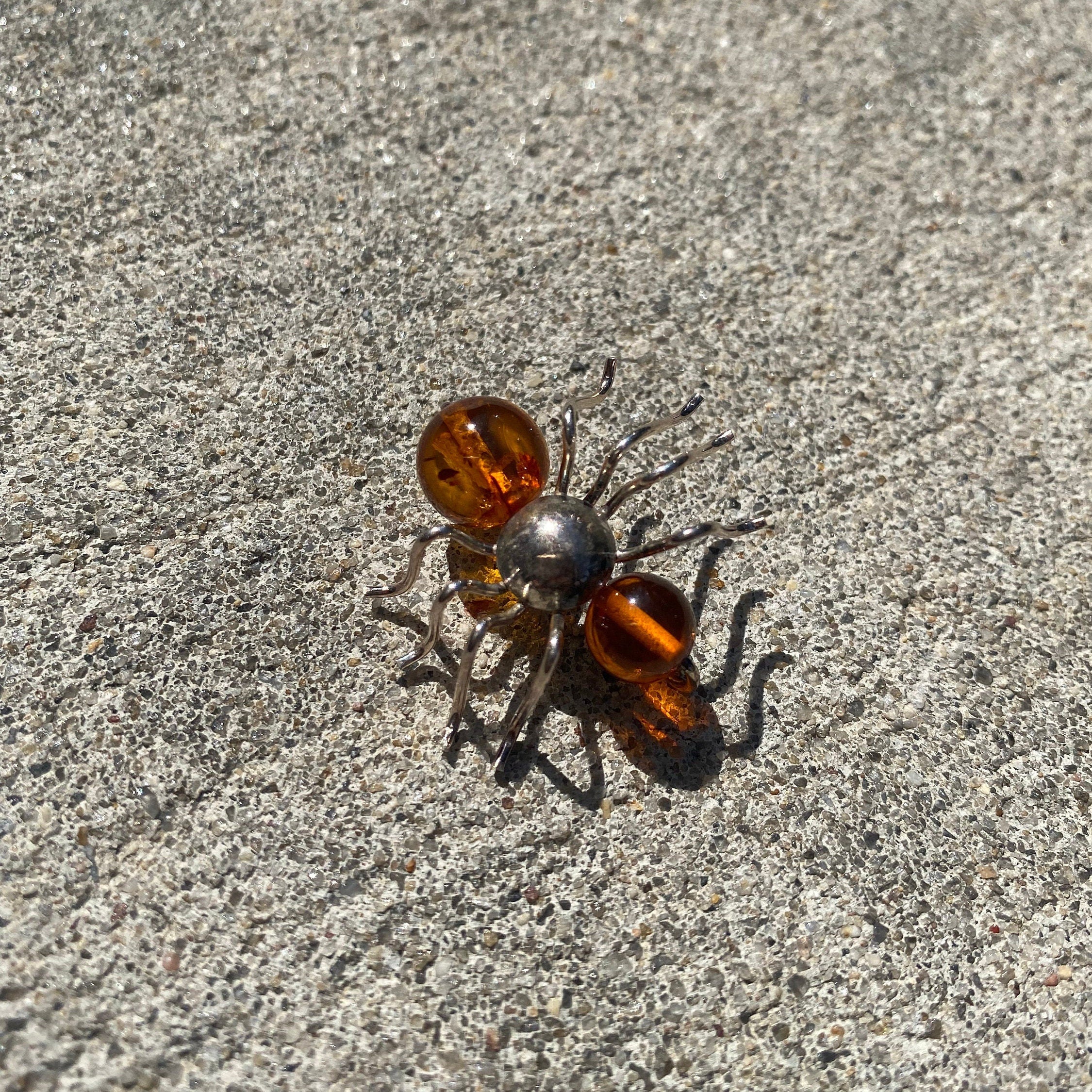 Vintage Sterling Silver Amber Insect Pin, Small Ant/Spider/Bug Brooch, Polished Amber Beads, Cute Jacket Pin, 925 Accessories, 28mm