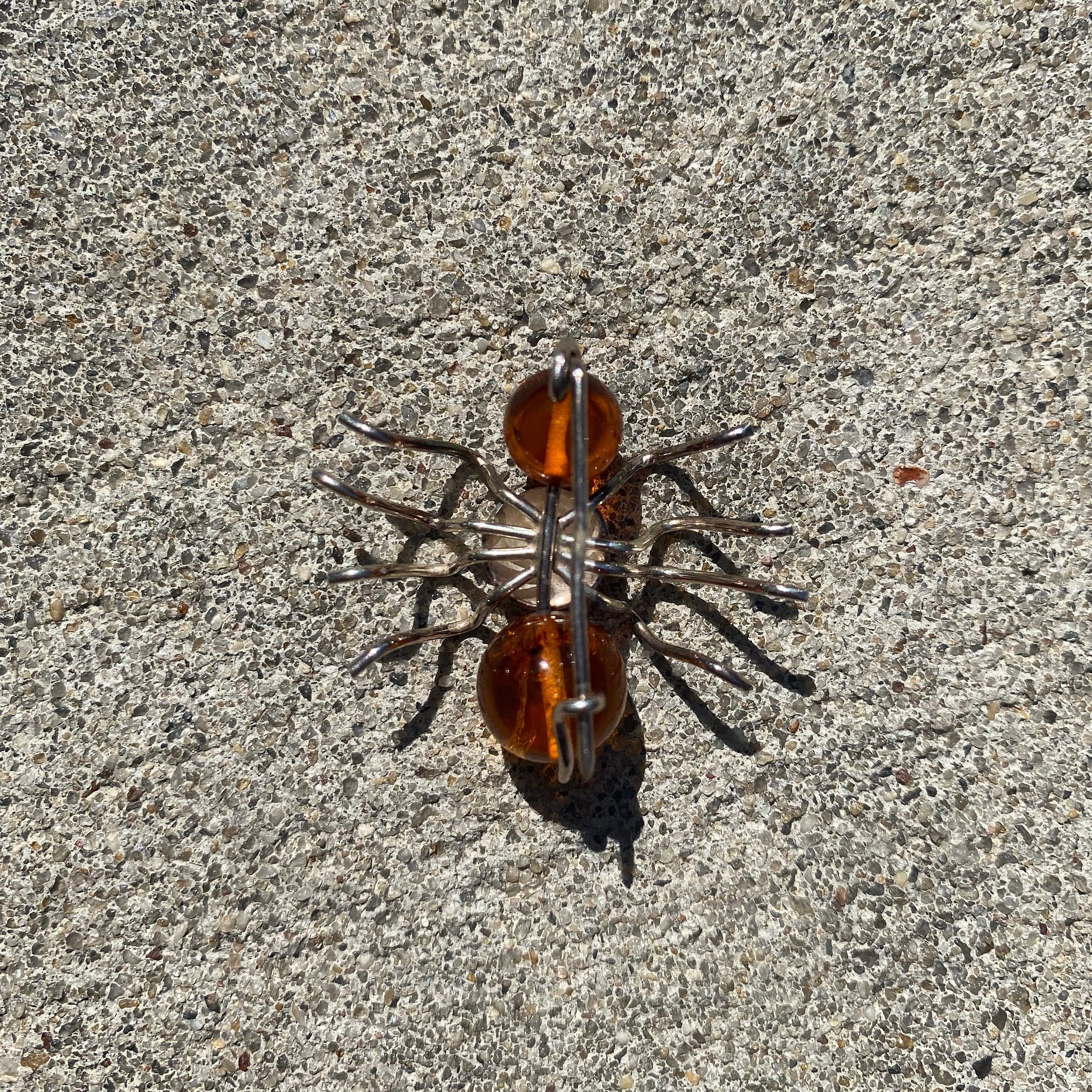 Vintage Sterling Silver Amber Insect Pin, Small Ant/Spider/Bug Brooch, Polished Amber Beads, Cute Jacket Pin, 925 Accessories, 28mm