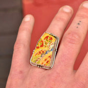 Vintage Artisan Sterling Silver Hand Painted Stone Statement Ring, Colorful Yellow Painted Scene, Wide Floral/Bamboo Band, Size 8 1/2 US