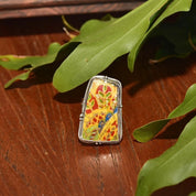 Vintage Artisan Sterling Silver Hand Painted Stone Statement Ring, Colorful Yellow Painted Scene, Wide Floral/Bamboo Band, Size 8 1/2 US