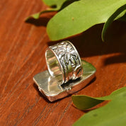 Vintage Artisan Sterling Silver Hand Painted Stone Statement Ring, Colorful Yellow Painted Scene, Wide Floral/Bamboo Band, Size 8 1/2 US