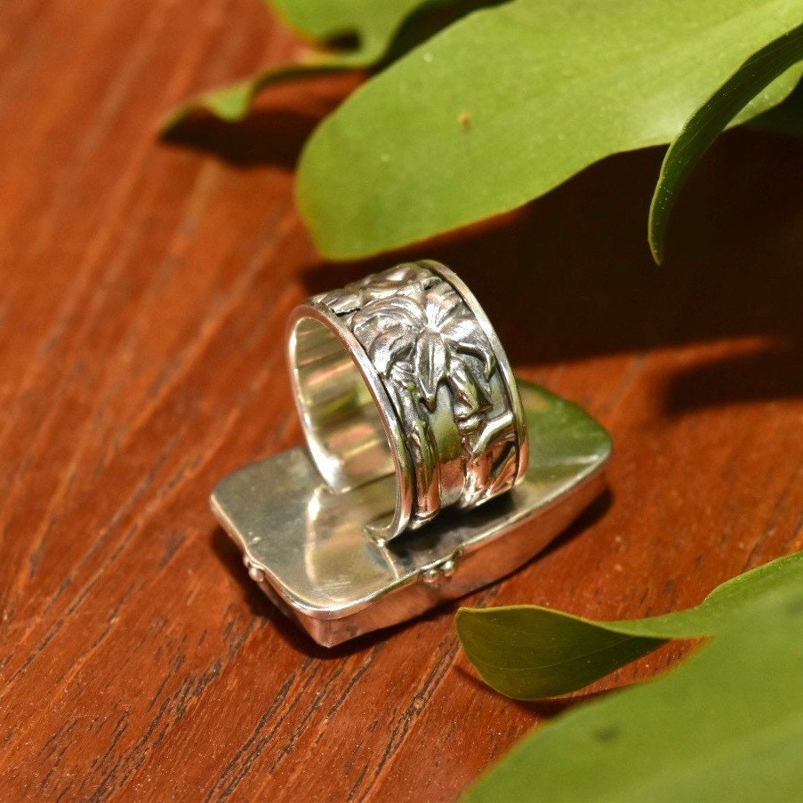 Vintage Artisan Sterling Silver Hand Painted Stone Statement Ring, Colorful Yellow Painted Scene, Wide Floral/Bamboo Band, Size 8 1/2 US