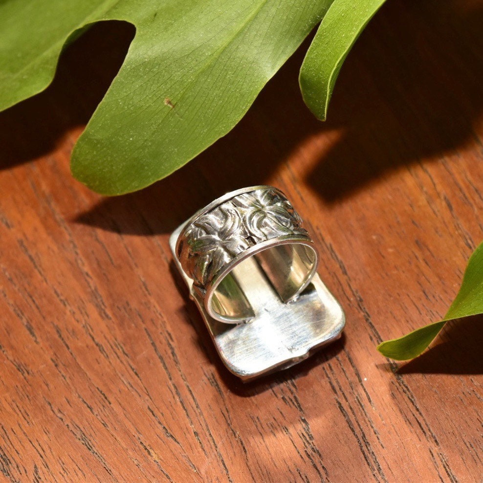Vintage Artisan Sterling Silver Hand Painted Stone Statement Ring, Colorful Yellow Painted Scene, Wide Floral/Bamboo Band, Size 8 1/2 US
