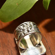 Vintage Artisan Sterling Silver Hand Painted Stone Statement Ring, Colorful Yellow Painted Scene, Wide Floral/Bamboo Band, Size 8 1/2 US