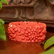 Vintage Floral Carved Celluloid Coral Bangle Bracelet, Wide Orange Bangle, Intricate Floral Designs, Stacking Bracelets, 8 L