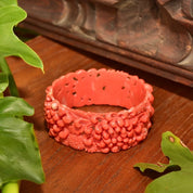 Vintage Floral Carved Celluloid Coral Bangle Bracelet, Wide Orange Bangle, Intricate Floral Designs, Stacking Bracelets, 8 L
