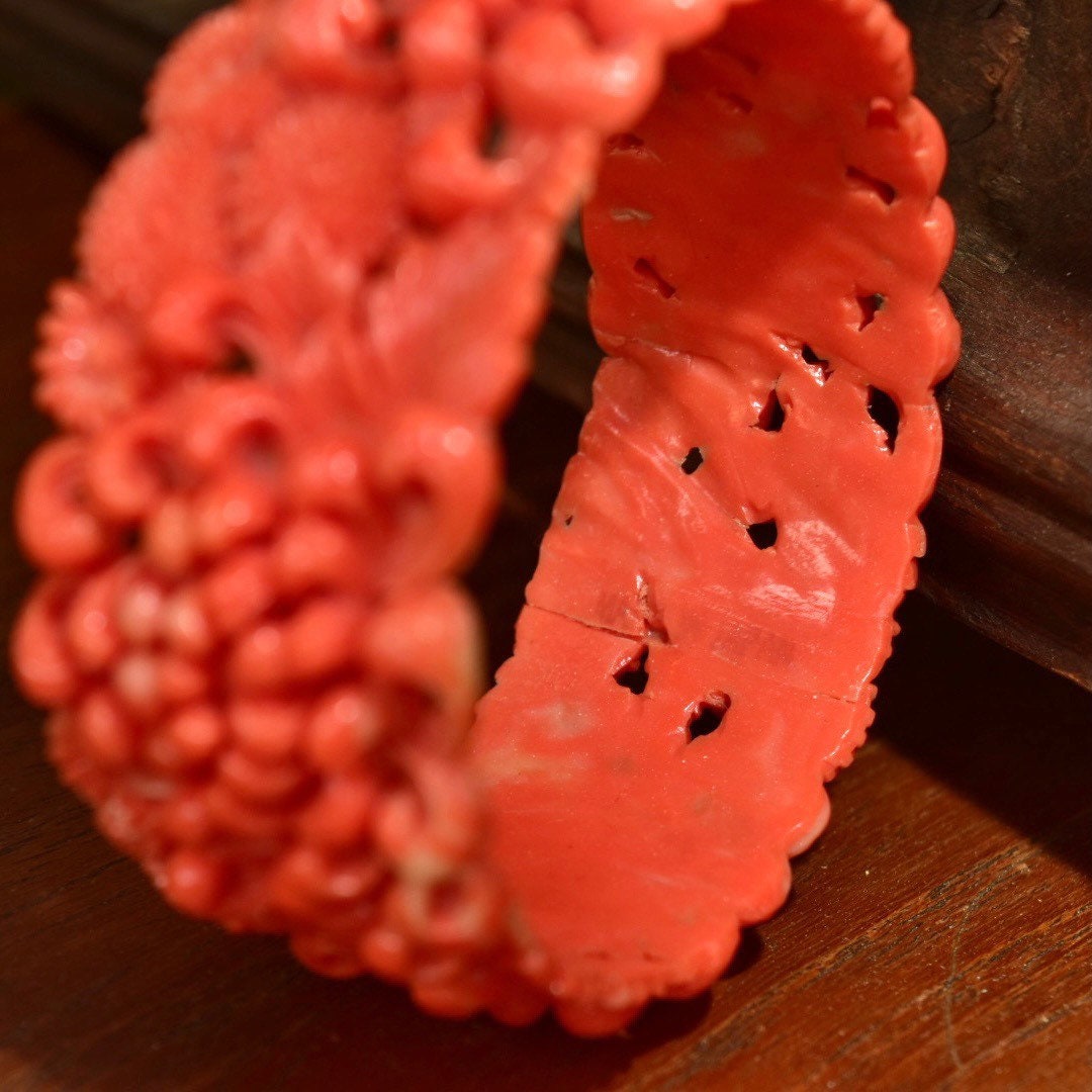Vintage Floral Carved Celluloid Coral Bangle Bracelet, Wide Orange Bangle, Intricate Floral Designs, Stacking Bracelets, 8 L