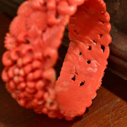 Vintage Floral Carved Celluloid Coral Bangle Bracelet, Wide Orange Bangle, Intricate Floral Designs, Stacking Bracelets, 8 L