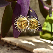 Vintage Two-Tone Sterling Silver Sun God Clip On Earrings, Gold Sun Face With Silver Rays, Mexico 925, Celestial Jewelry, 1 1/8