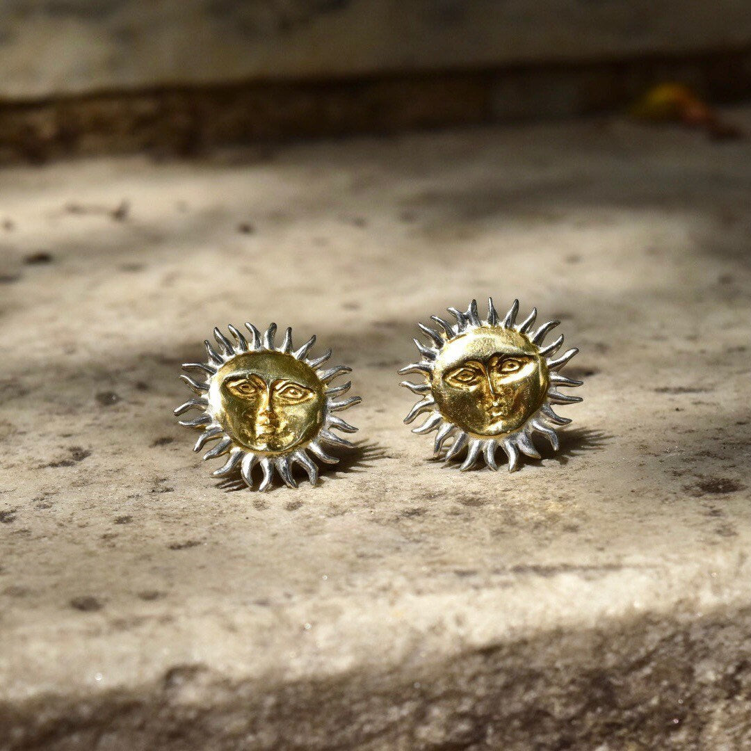 Vintage Two-Tone Sterling Silver Sun God Clip On Earrings, Gold Sun Face With Silver Rays, Mexico 925, Celestial Jewelry, 1 1/8