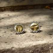 Vintage Two-Tone Sterling Silver Sun God Clip On Earrings, Gold Sun Face With Silver Rays, Mexico 925, Celestial Jewelry, 1 1/8