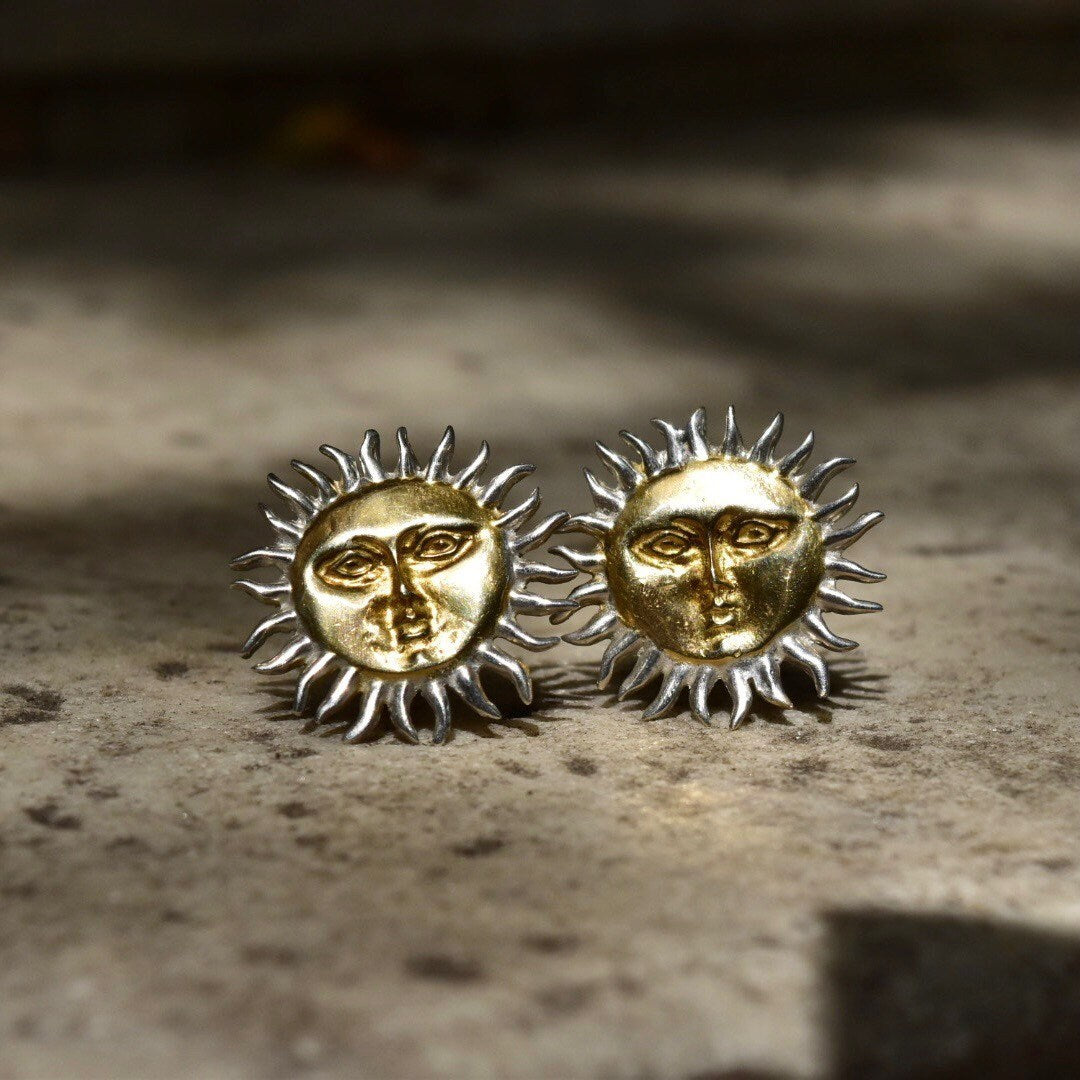 Vintage Two-Tone Sterling Silver Sun God Clip On Earrings, Gold Sun Face With Silver Rays, Mexico 925, Celestial Jewelry, 1 1/8