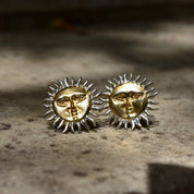 Vintage Two-Tone Sterling Silver Sun God Clip On Earrings, Gold Sun Face With Silver Rays, Mexico 925, Celestial Jewelry, 1 1/8