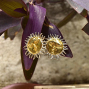 Vintage Two-Tone Sterling Silver Sun God Clip On Earrings, Gold Sun Face With Silver Rays, Mexico 925, Celestial Jewelry, 1 1/8