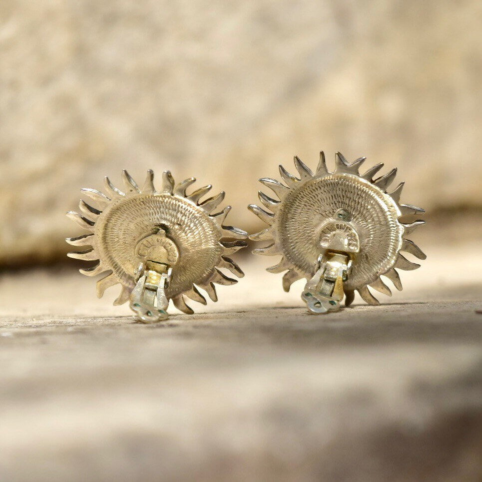 Vintage Two-Tone Sterling Silver Sun God Clip On Earrings, Gold Sun Face With Silver Rays, Mexico 925, Celestial Jewelry, 1 1/8