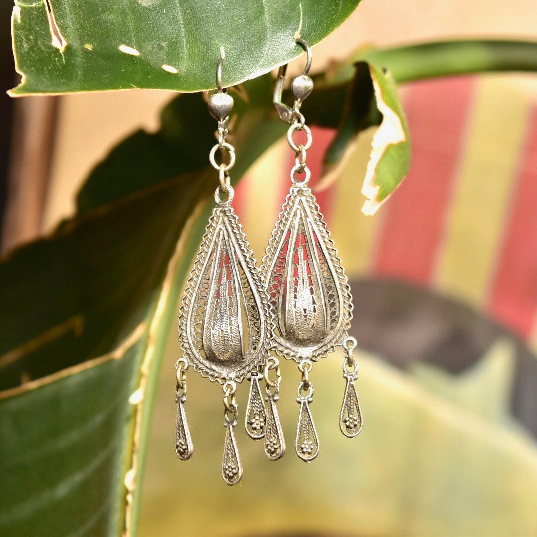 Vintage Sterling Silver Ornate Filigree Chandelier Earrings, Floral Teardrop Tassels, Latch Back Ear Wire, 7.5cm