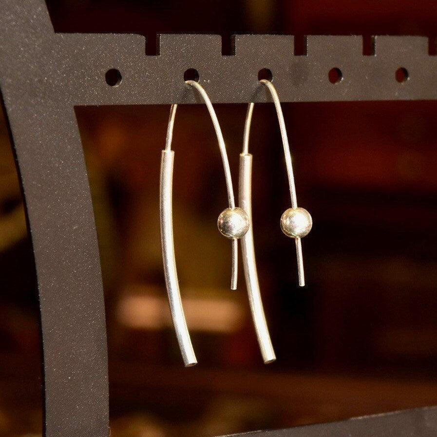 Vintage Modernist Sterling Silver Threader Earrings, Silver Bead Anchors, Minimalist 925 Earrings, 2 1/4" L