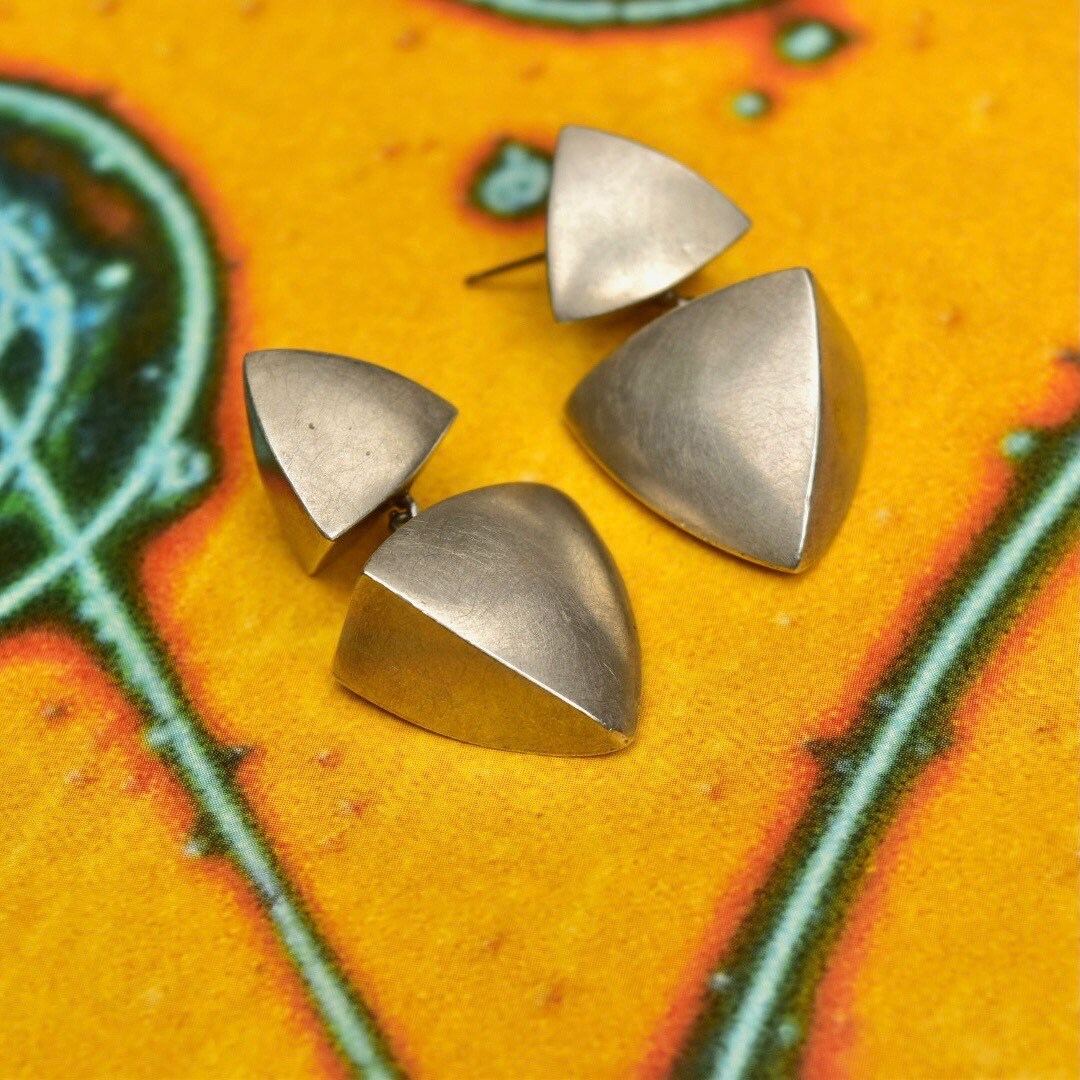 Vintage Modernist Sterling Silver Geometric Pierced Dangle Earrings, Rounded Triangular Prisms, Brushed Silver Finish, 1 1/2" L