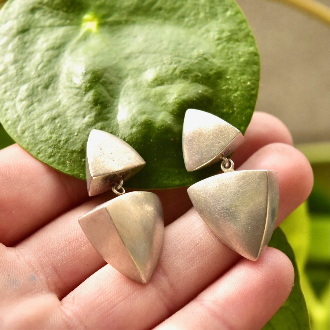 Vintage Modernist Sterling Silver Geometric Pierced Dangle Earrings, Rounded Triangular Prisms, Brushed Silver Finish, 1 1/2" L