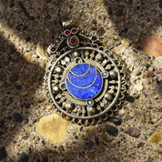 Vintage Large Bohemian Multi-Stone Silver Medallion Pendant, Lapis Lazuli, Red Stone Accents, Lion Emblem On Back, Reversible, 3 1/8" L
