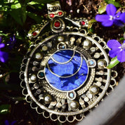 Vintage Large Bohemian Multi-Stone Silver Medallion Pendant, Lapis Lazuli, Red Stone Accents, Lion Emblem On Back, Reversible, 3 1/8" L