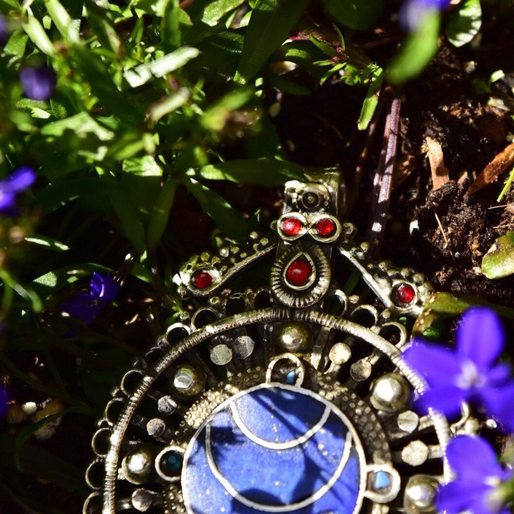 Vintage Large Bohemian Multi-Stone Silver Medallion Pendant, Lapis Lazuli, Red Stone Accents, Lion Emblem On Back, Reversible, 3 1/8" L