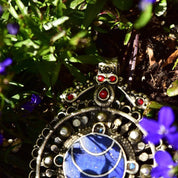 Vintage Large Bohemian Multi-Stone Silver Medallion Pendant, Lapis Lazuli, Red Stone Accents, Lion Emblem On Back, Reversible, 3 1/8" L