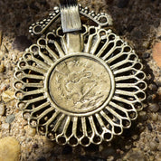 Vintage Large Bohemian Multi-Stone Silver Medallion Pendant, Lapis Lazuli, Red Stone Accents, Lion Emblem On Back, Reversible, 3 1/8" L