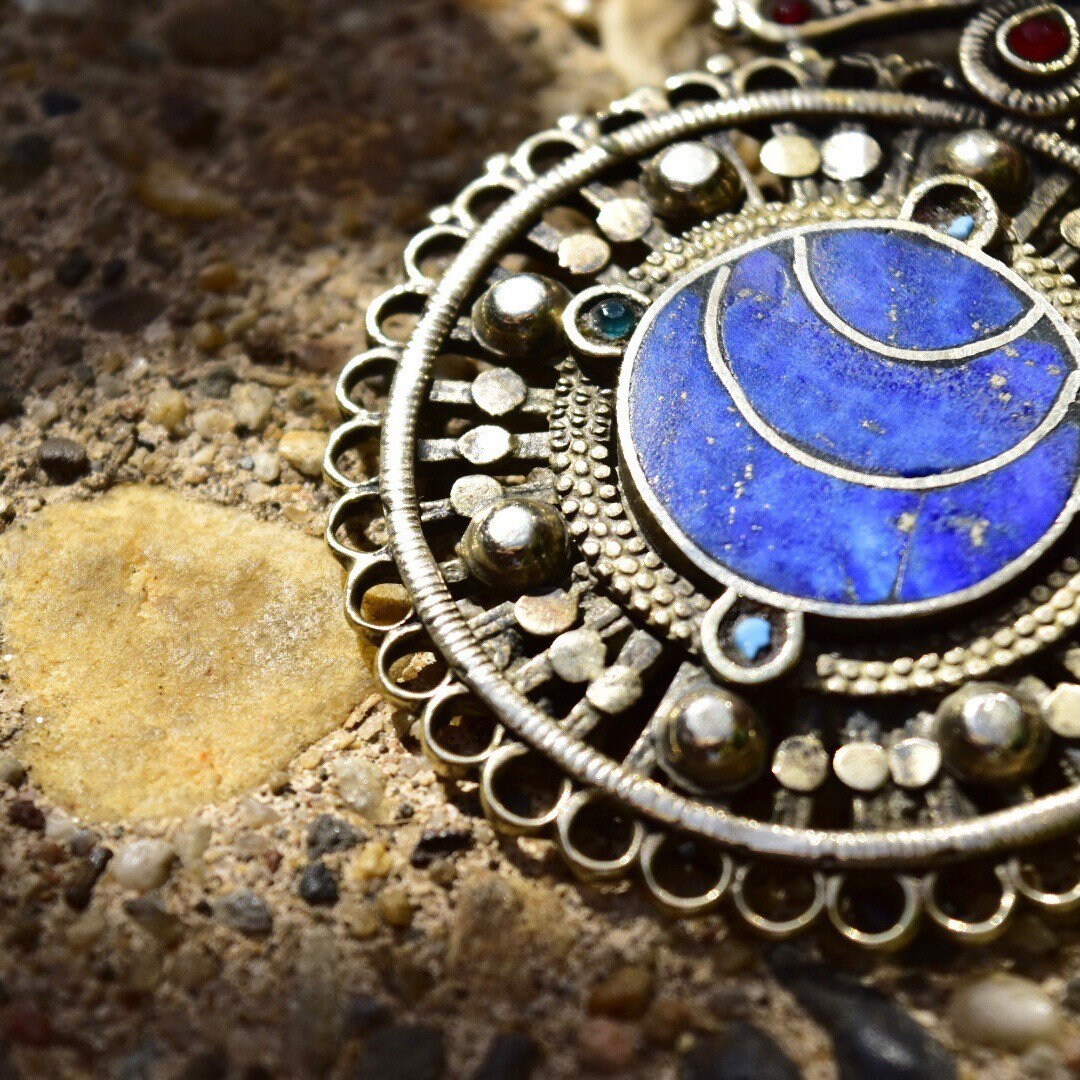 Vintage Large Bohemian Multi-Stone Silver Medallion Pendant, Lapis Lazuli, Red Stone Accents, Lion Emblem On Back, Reversible, 3 1/8" L