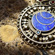 Vintage Large Bohemian Multi-Stone Silver Medallion Pendant, Lapis Lazuli, Red Stone Accents, Lion Emblem On Back, Reversible, 3 1/8" L