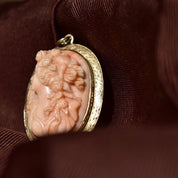 Antique 10K Gold Pink Coral Cameo Brooch/Pendant, High Relief Carved Lady's Portrait, Engraved Yellow Gold Setting, 1 3/4" L