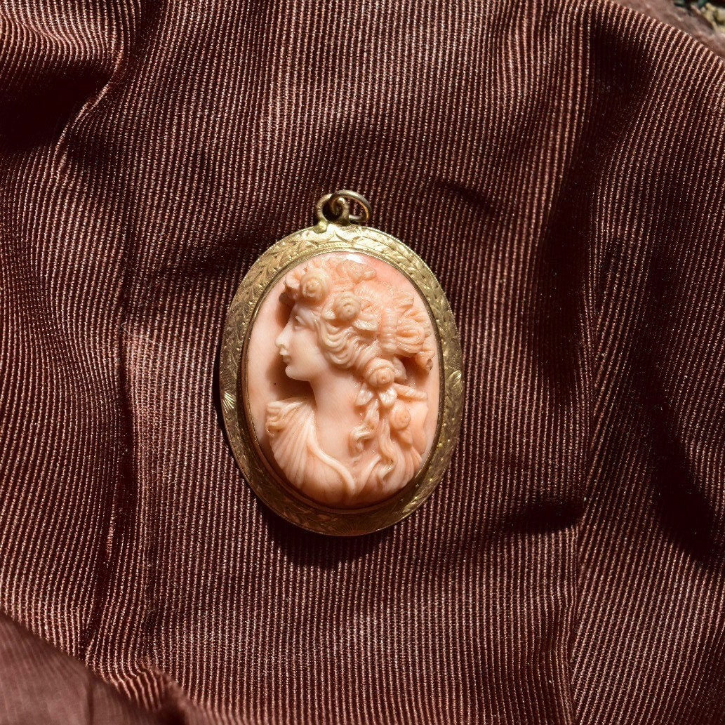 Antique 10K Gold Pink Coral Cameo Brooch/Pendant, High Relief Carved Lady's Portrait, Engraved Yellow Gold Setting, 1 3/4" L