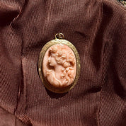 Antique 10K Gold Pink Coral Cameo Brooch/Pendant, High Relief Carved Lady's Portrait, Engraved Yellow Gold Setting, 1 3/4" L