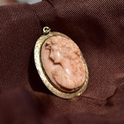 Antique 10K Gold Pink Coral Cameo Brooch/Pendant, High Relief Carved Lady's Portrait, Engraved Yellow Gold Setting, 1 3/4" L