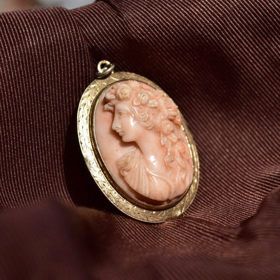 Antique 10K Gold Pink Coral Cameo Brooch/Pendant, High Relief Carved Lady's Portrait, Engraved Yellow Gold Setting, 1 3/4" L